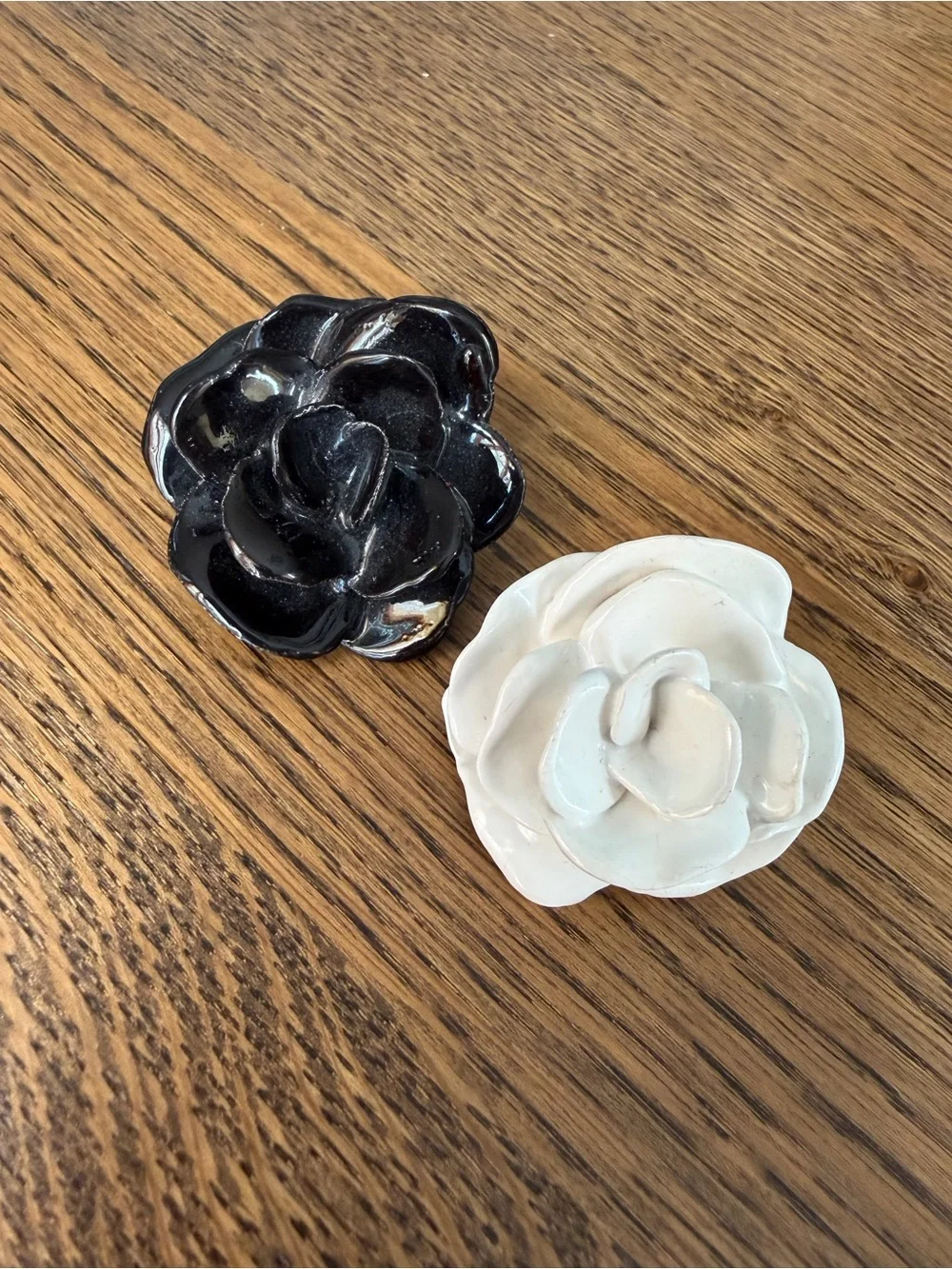 Vintage 3D Glazed Ceramic Flower Brooch Pin Set • Black & White Camellia Roses